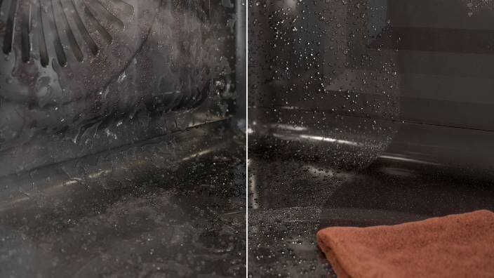 An inside of an oven with steam cleaning vs. without steam cleaning.