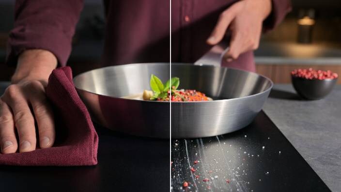 Comparison images- on right side a Man cleaning glass hob with a kitchen towel and on the right side the hob is dirty with scratches on the hob